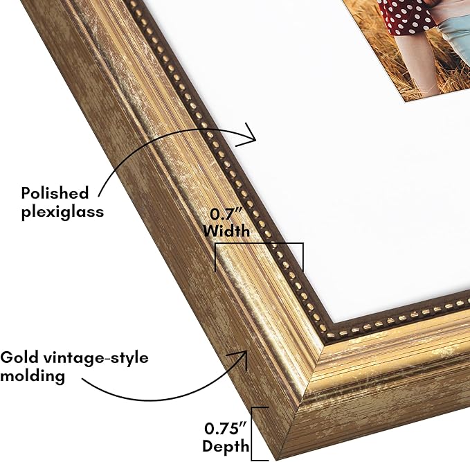 Americanflat Vintage Frames - 16x20 Picture Frame with Beaded Accents and Polished Plexiglass - Use as 11x14 Frame or Display 16x20 Photos Without Mat - Heirloom Collection - Wall Display - Gold