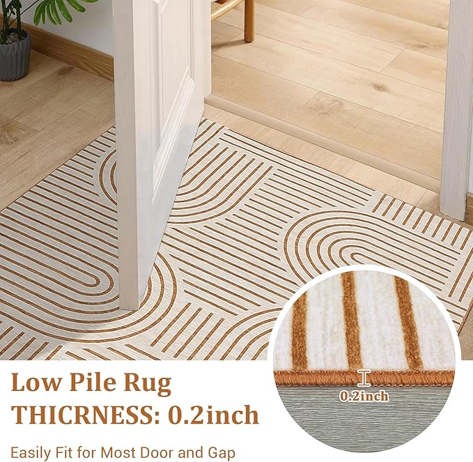 ROYHOME Washable Rug 4x6 Area Rugs for Living Room, Abstract Rug for Bedroom, Soft Rainbow Non Slip Throw Rugs with Rubber Back, Low Pile Stain Resistant Boho Geometric Carpet for Dining Room,Orange