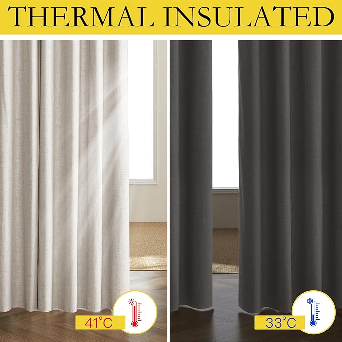 NICETOWN Brich Vintage Open Linen Weave Flax Thermal Curtains, 100% Blackout Curtains 95" Long for Dining Room, Soundproof Window Treatment Drapes for Bedroom, 52" Wide Per Panel, Set of 2