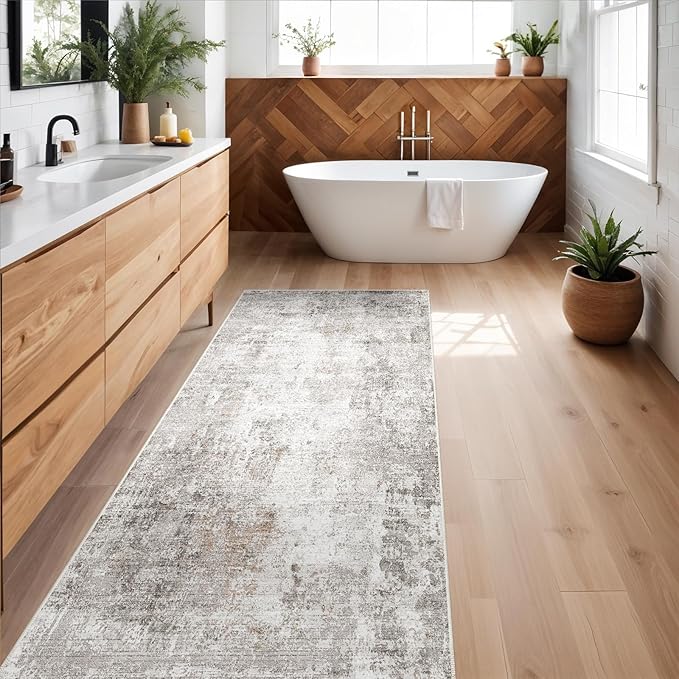3x12 ft Long Hallway Runner Rug - Non-Slip Washable Kitchen Rug with Rubber Backing,Modern Abstract Neutral Thin Low Pile Floor Carpet Runner for Entryway,Bedroom,Living Room（Beige Grey）