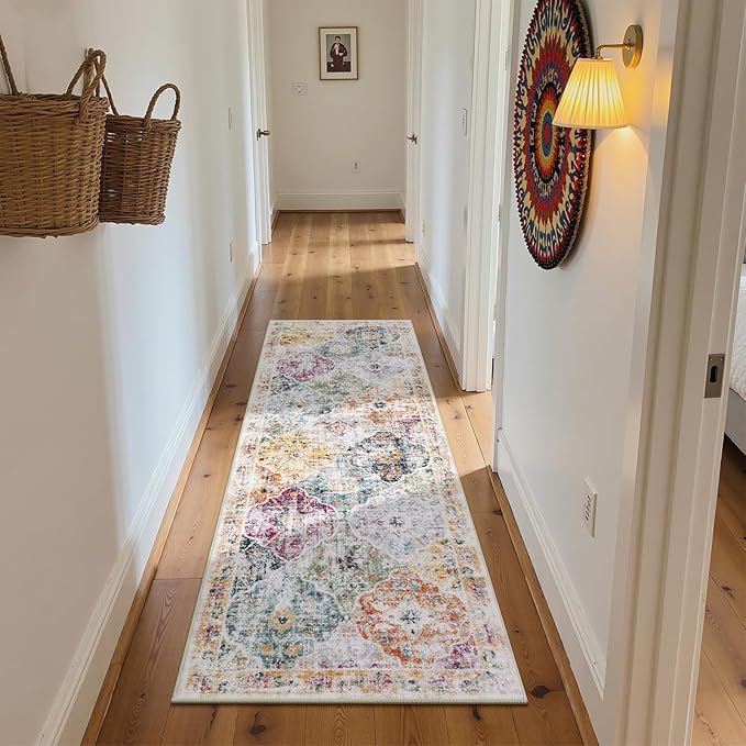 Ileading Washable Hallway Runner Rugs, 2x6 Non Slip Runners Area Rug for Entryway Kitchen Bathroom Bedroom Laundry Living Room, Long Narrow Low-Pile Floor Carpet Boho Vintage Throw Mat for Kids Room