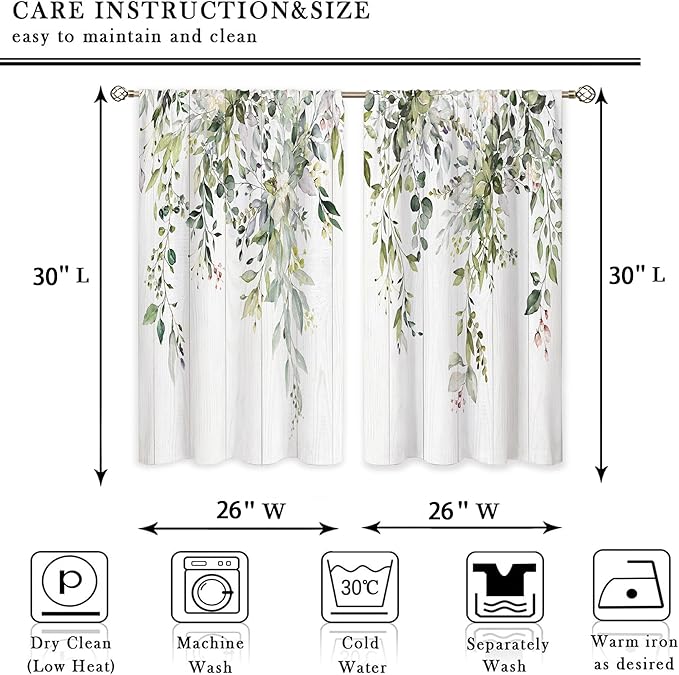 Farmhouse Wooden Eucalyptus Small Kitchen Curtains Watercolor Leaves Window Treatment Flower Floral Plant Botanical Cafe Short Curtains for Bathroom Dining Fall Tier Treatment Drape 26x30 inch