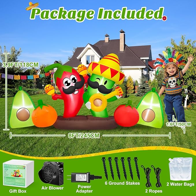 8 FT Long Cinco De Mayo Inflatable Chili Outdoor Decorations, Built-in LEDs Blow Up Hot Pepper with Taco Sombreros, Weatherproof Easy Set Up for May 5 Fiesta Mexican Party Indoor Yard Garden Lawn