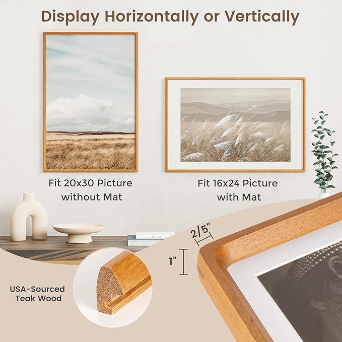 20x30 Poster Frame, USA-Sourced Teak Wood Picture Frame with HD Tempered Glass, Handcrafted Rounded Corner 20 x 30 Wooden Frames Matted to 16x24 Photos, Horizontal or Vertical Wall Display