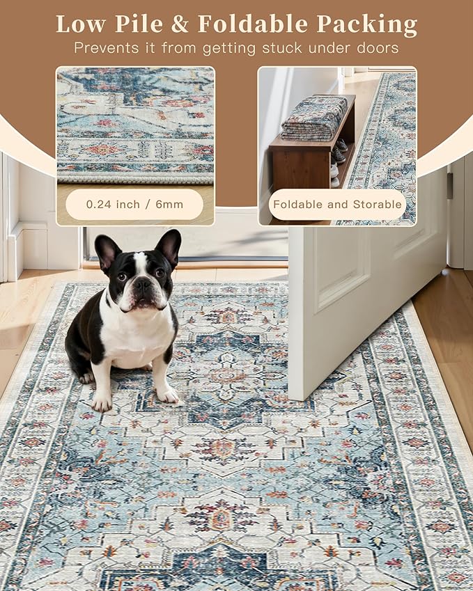 Madane Hallway Runner Rug 2'6''x14' Kitchen Runner, Non Slip Vintage Runners for Hallways Washable Kitchen Rugs Soft Low Pile 2.5x14 ft Rug Runner for Laundry Room, Entryway and Bedroom, Blue