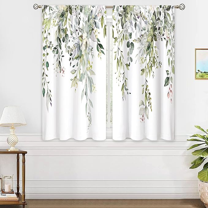 Sage Green Eucalyptus Leaves Window Curtains Flower Watercolor Floral BotanicalPlant Wildflower Farmhouse Curtain Drapes Herb Curtains for Bedroom Living Room Treatment 2 Panels 29Wx63H Inch