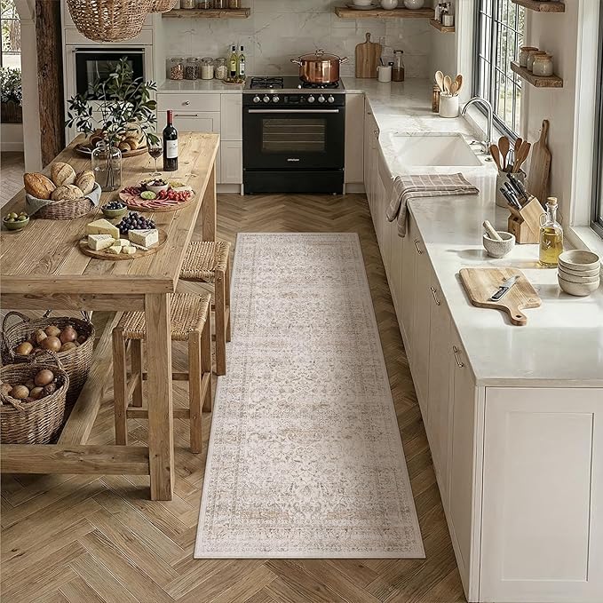 2x6 Washable Runner Rug Beige Vintage Non Slip Soft Low Pile Hallway Kitchen Rug Distressed Oriental Carpet for Laundry Bathroom Bedroom Living Room Home Decor