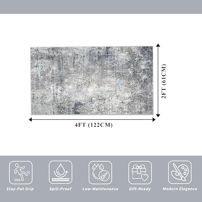 2x4 Runner Rug Washable Non-Slip – Small Throw Rug for Kitchen Floor, Bedroom, Entryway, Bathroom, Bedside – Modern Abstract Neutral Low-Pile Thin Indoor Door Mat（Blue Grey,2x4）