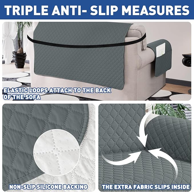 XINEAGE Quilted Chair Sofa Cover Waterproof Chair Covers for Armchair, Super Soft Washable Slipcover with Pockets & Non-Slip Elastic Straps, Thick Furniture Protector (Dark Grey)
