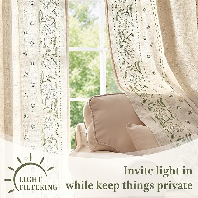 jinchan Winslow Lined Linen Curtains for Bedroom 63 Inches Linen Blended Embroidered Bordered Floral Curtains for Living Room Farmhouse Decor Window Treatments Sage on Beige Drapes 2 Panels