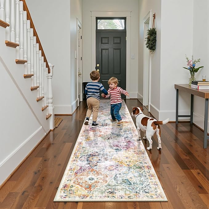 Ileading Washable Hallway Runner Rugs, 2x10 Non Slip Runners Area Rug for Entryway Kitchen Bathroom Bedroom Laundry Living Room, Long Narrow Low-Pile Floor Carpet Boho Vintage Throw Mat for Kids Room