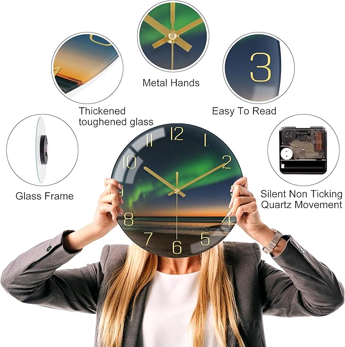 VIKMARI 10 Inch Modern Wall Clock, Aesthetic Black and Gold Decor Accessories, Unusual Silent Non Ticking Aurora Clocks for Living Room/Kitchen/Bedroom/Bathroom/Office (Glass)