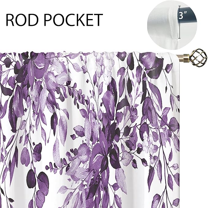 Purple Eucalyptus Botanical Leaves Floral Window Curtains Watercolor Flower Plant Wildflower Farmhouse Rustic Curtain Drapes Herb Curtains for Bedroom Living Room Treatment 42Wx45H Inch