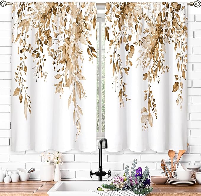 Eucalyptus Botanical Leaves Floral Kitchen Window Curtains Over Sink Farmhouse Flower Leaf Small Window Treatment Tan Floral Cafe Short Curtains for Bathroom Treatment Tier Drapes 26x36 inch