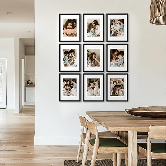 eletecpro 12x16 Picture Frames Set of 9, Classic Gallery Wall Frame Set Displays 8.5x11 Photos with Mat or 12x16 without Mat, Photo Frames Collage Wall Decor, Poster Display for Home Decor, Black