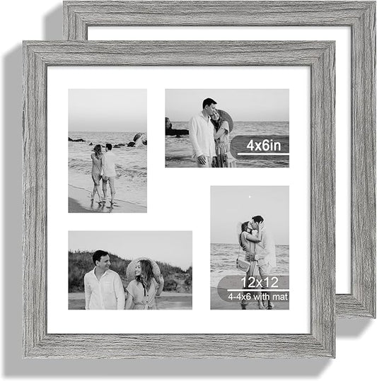 12x12 Picture Frame Set of 2, Grey Wood Frame with Glass Collage Frame, Display Pictures 4-4x6 With Mat or 12 x 12 Without Mat, Square Photo Frames Collage for Wall Hanging or Tabletop