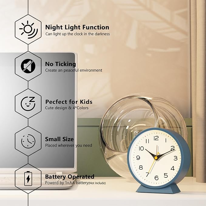 AYRELY?? 4.5" Analog Alarm Clock,Small Retro Desk Clock Battery Operated,Slient Metal Table Clock with Light for Living Room Decor,Bedroom,Bedside,Shelf (Blue)