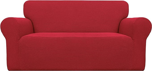Easy-Going Stretch Loveseat Slipcover 1-Piece Sofa Cover Furniture Protector Couch Soft with Elastic Bottom for Kids Polyester Spandex Jacquard Fabric Small Checks (Loveseat, Christmas Red)