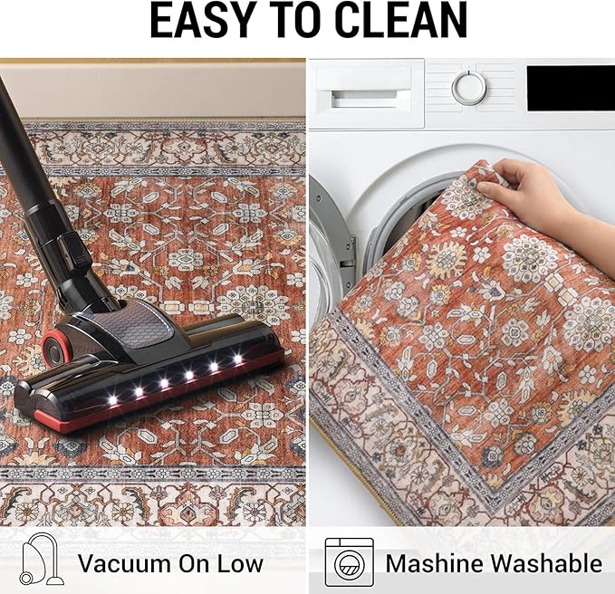 KUTA Vintage Area Rug 4x6 Washable Rug Traditional Floor Cover Foldable Red Clay Ultra Thin Soft Retro Accent Indoor Distressed Non Slip Carpet Floral Print Mat Bedroom Living Room Dorm Office