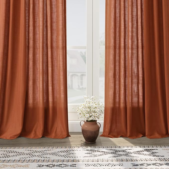 2 Panels Terracotta Linen Curtains 108 inches Long for Living Room Extra Long Back Tab Semi Sheer Rustic Farmhouse Boho Curtains Ceiling to Floor Length 108 inch for Large Window Rust Colored 9 FT