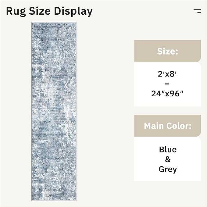 Soalmost Runner Rug 2x8 Washable Non-Slip Hallway Runner Rugs for Kitchen Bathroom Laundry Room Blue/Grey Vintage Floor Carpet Runners for Hallways Entryway