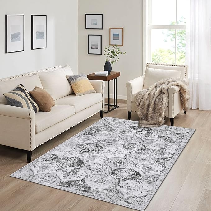 Lahome Moroccan Trellis Washable Small Area Rug, 3x5 Area Rug for Bedroom Living Room, Non-Slip Oriental Accent Throw Carpet for Kitchen Office Entryway Bathroom Office Elise, Silver/Grey
