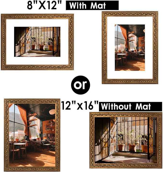 Golden State Art, 12x16 Ornate Bronze Color Frame - White Mat for 8x12 Photo - Complex Molding Design - Wall Mounting - Portrait/Landscape - Tempered Glass