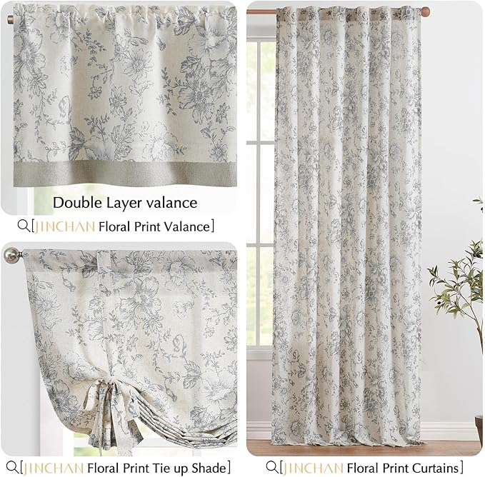 jinchan Linen Floral Valance Double Layer Kitchen Window Curtain Grey Flower on Beige Valance for Living Room Cafe Farmhouse Light Filtering Rustic Country Curtain 18 Inch Rod Pocket 1 Panel