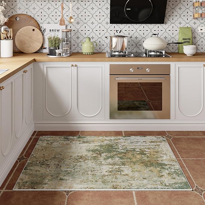 Entryway Rug 2x3 Green Door Mat Indoor Entrance 24x36, Washable Small Throw Rugs for Kitchen Floor, Entry, Front Door, Bedside, Non-Slip Low Pile Stain & Fade Resistant, Abstract Sage Green