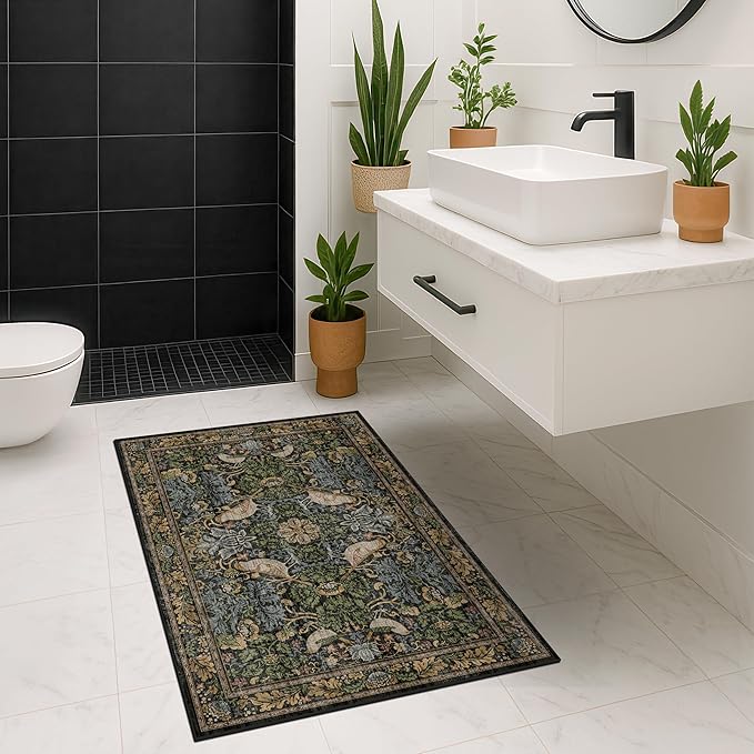 Hazo Haus Washable Dark Vintage Floral Rugs for Entryway - Small 2x3 Washable Rug for Kitchen Bathroom Door Mat Indoor Entrance with Bird & Botanical Pattern, Brown Earthy Tones, Non Slip Low Pile