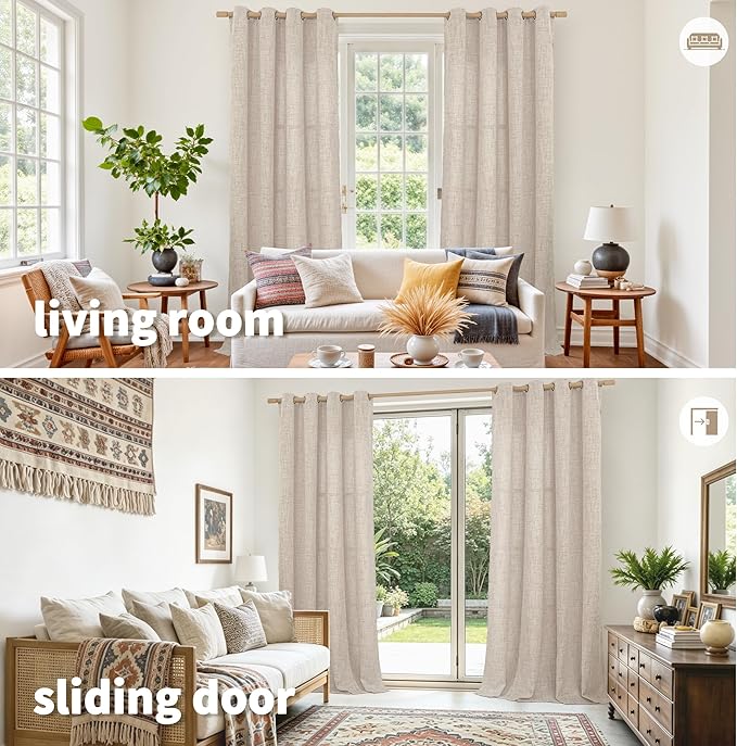YoungsTex Extre Long Linen Curtains 102 Inch Long for Living Room Linen Textured with Bronze Grommet Burlap Drapes Light Filtering, Natural, 2 Panel, 52 X 102 Inch