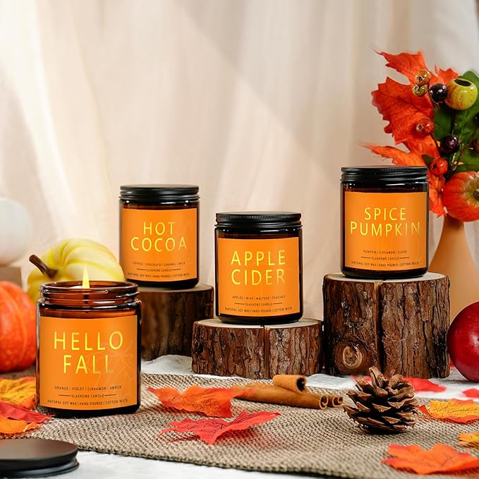 Fall Scented Candles Hello Fall 7oz – Warm Pumpkin Spice & Sweet Apple Soy Wax Candle for Cozy Autumn Home Décor, Perfect Fall Gift, 50 Hour Long Burn