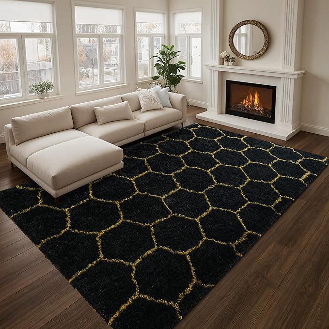 Fluffy 6x9 Area Rugs for Bedroom Living Room,Thick Shag Throw Floor Carpet,Soft Shaggy Bedside Non-Slip Rug Black Gold