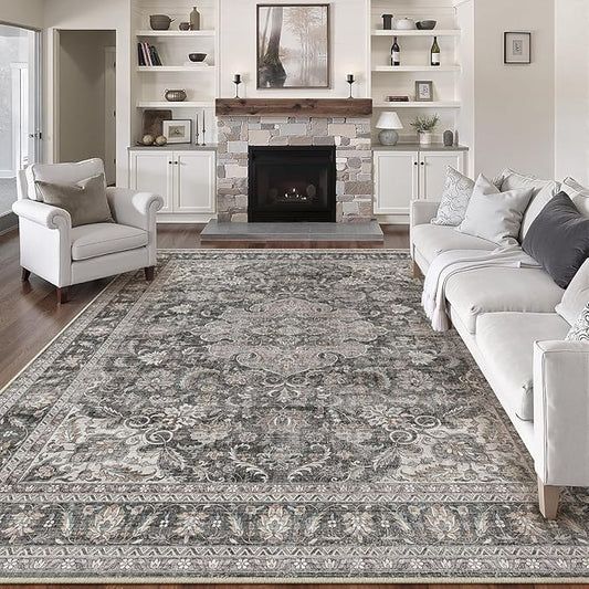 9x12 Washable Area Rug Black Grey Vintage Non Slip Soft Medium Pile Rug for Living Room Bedroom Dining Room Office Distressed Oriental Indoor Large Throw Carpet for Home Decor