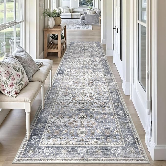 KUTA Vintage Wide Runners for Hallways 3x10 ft Washable Kitchen Runner Grey Blue Non Slip Rubber Backed Long Hall Runners Entryway Runner Rugs Floor Carpet for Indoor Backdoor Bedroom