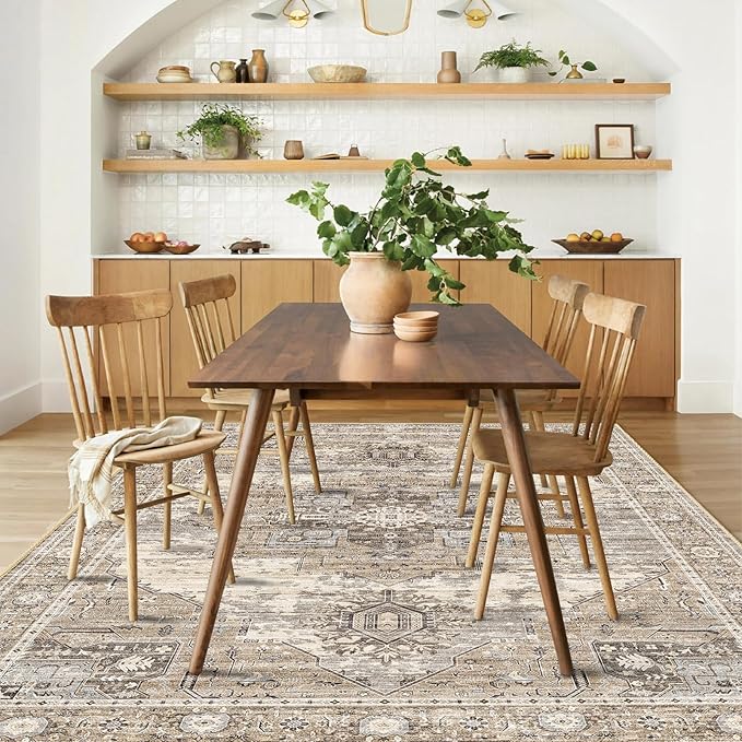 Washable 4x6 Area Rugs - Living Room Area Rug Stain Resistant Carpet Vintage Lightweight Ultra-Thin Rugs for Bedroom Kitchen entryway with Non Slip Backing Home Decor Small Mat 4X6 Beige
