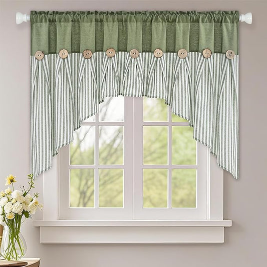 ASPMIZ Farmhouse Cotton Linen Swag Valances for Windows, Boho Kitchen Curtains Valances with Rustic Buttons, Green Striped Window Treatments Curtain Valance for Bathroom Cafe, 61 x 36 Inch, 1 Panel