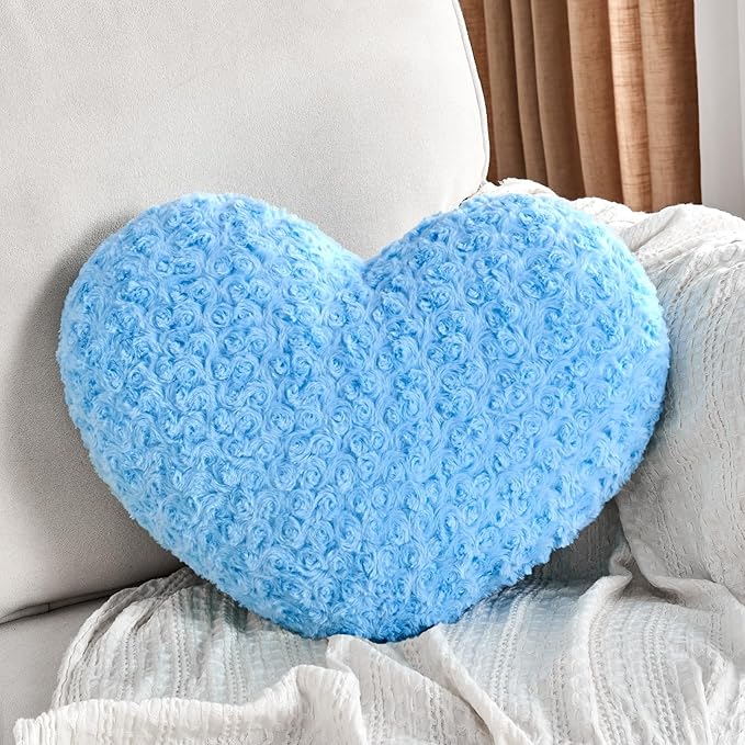 Heart Pillow Blue Throw Pillows, Soft Fluffy Decorative Pillows for Bed Couch Chair, Cute Heart Shaped Room Decor Gifts for Valentine Anniversary Birthday Mothers Christmas (Medium, 20"x15")