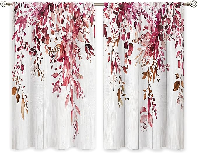Wooden Burgundy Eucalyptus Small Kitchen Curtains Red Leaves Window Treatment Flower Floral Plant Botanical Cafe Short Curtains for Bathroom Dining Fall Tier Treatment Drapes 27.5x39 inch