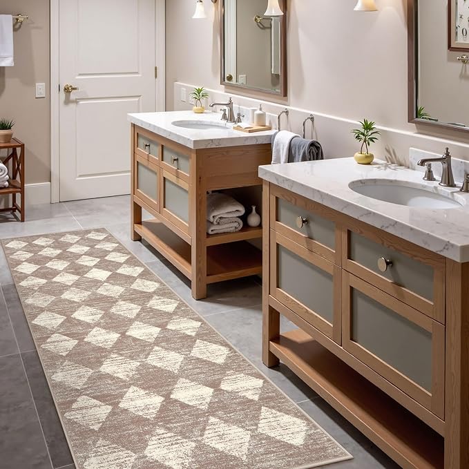 Lahome Zelie Moroccan Treills Runner Rug, 2x6 Beige Washable Rug Runner Carpet Runners for Hallway 6ft Non Skid, Checkered Kitchen Bathroom Non Skid Runners for Bedroom Hallway Entryway