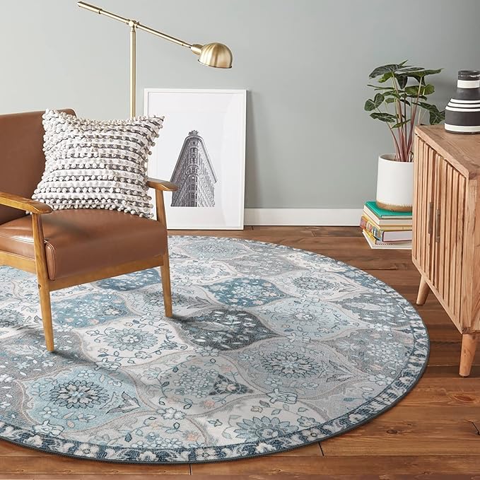 Lahome Moroccan Trellis Washable Round Area Rug, Soft Round Rugs 6ft Ultra-Thin Non-Slip, Vintage Large Circle Carpet for Bedroom Living Room Kitchen Nursery Elise, Blue