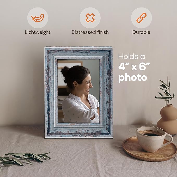 Weathered Picture Frame, Distressed Wooden Look for Wall or Tabletop Display, Lightweight Photo Frame with Glass Cover, 4" x 6", Gray
