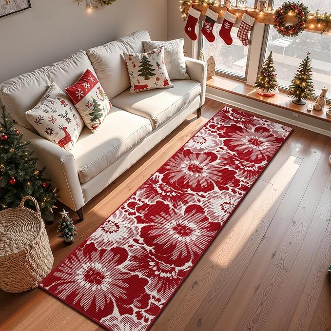 Findosom Christmas Runner Rug 2x8, Non Slip High-Low Textured Floral Washable Runner Rug with Rubber Backing, Boho Carpet Runners for Hallway, Kitchen, Entryway, Bedroom, Laundry & Holiday Decor, Red