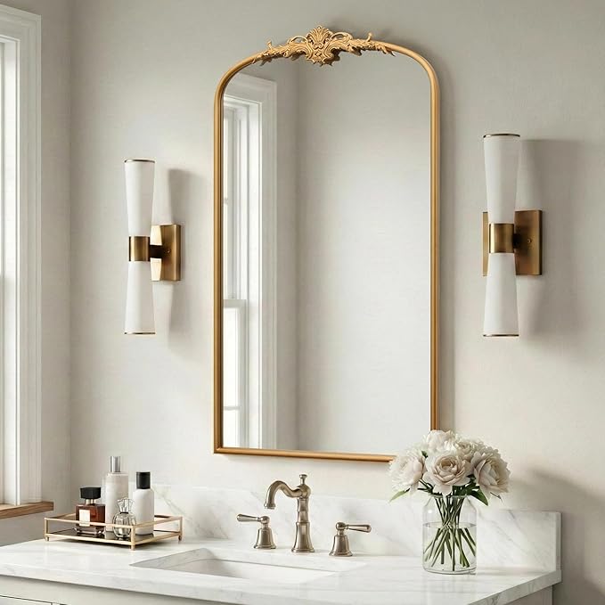 Besdomus Large Vintage Arched Mirror: 24"x42" French Arch Gleaming Gold Antique Wall Mounted Mirror - Traditional Ornate Metal Framed for Entryway/Fireplace/Bathroom - Idea for Trendy Fashionistas