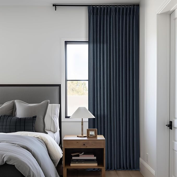 Pinch Pleated Navy Linen Curtains 84 Inches Long 2 Panels Set for Living Room Dining Pinch Pleat Back Tab Light Filtering Farmhouse Boho Retro Window Curtain Drapes 84 Inch Length Dark Blue Indigo
