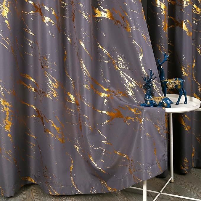 Taisier Home Gold Foil Print Linen Textured Curtains Geometric Marble Pattern Design Curtains for Dollhouse Light Filtering Window Treatment 2 Panels 63" L,Soft Grey and Gold Print
