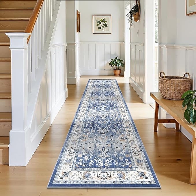 LOKHOM Washable Runner Rug, 2x8 Non-Slip Vintage Hallway Runner Rug with Rubber Backing, Boho Floral Soft Faux Wool Kitchen Rug Carpet Runner for Laundry Entryway Bedroom (Sky Blue)
