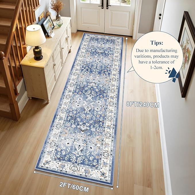 LOKHOM Washable Runner Rug, 2x8 Non-Slip Vintage Hallway Runner Rug with Rubber Backing, Boho Floral Soft Faux Wool Kitchen Rug Carpet Runner for Laundry Entryway Bedroom (Sky Blue)