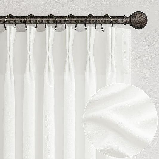 Custom Pure White Semi Sheer Linen Floor to Ceiling 105 Inch Curtains for Dining Room 2 Panels Set, Neutral Pinch Pleat Privacy Drapes Let the Light In Cute Kids Room Curtain for Large Windows 8-3/4FT