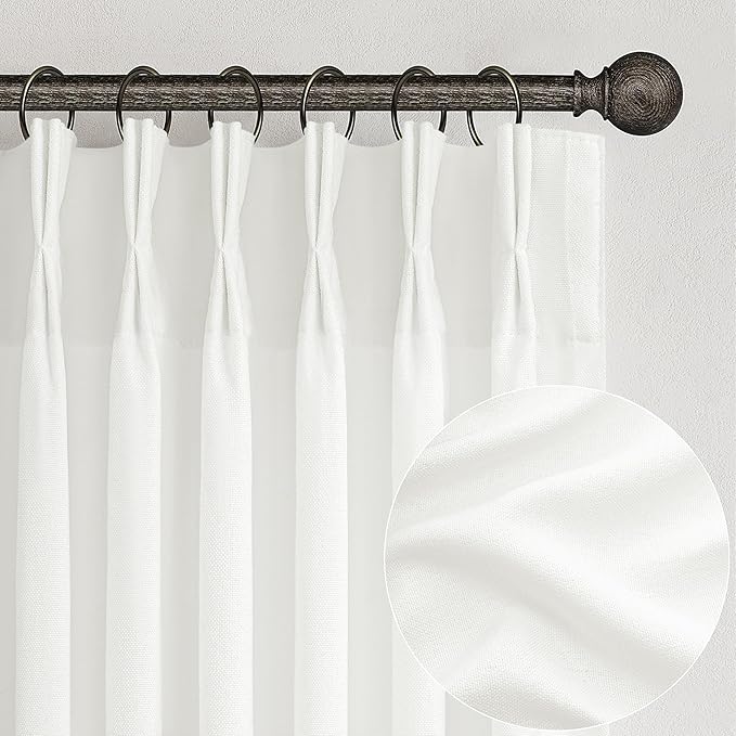 Cute Pinch Pleat Pure White Sheer Curtains 63 Inch Length 2 Panels Set for Small Windows, Neutral Thick Linen Blend Light Filtering Cottage Core Viral Drapes Decor Semi Through Privacy Burg 40W x 63L